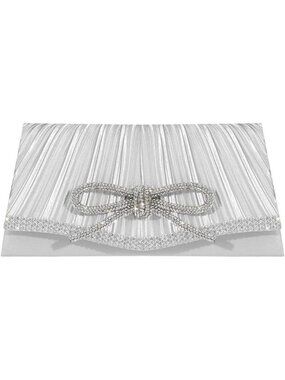 Women's Silver White Sparkly Bow Rhinestone Clutch Purse Glitter Evening Bag